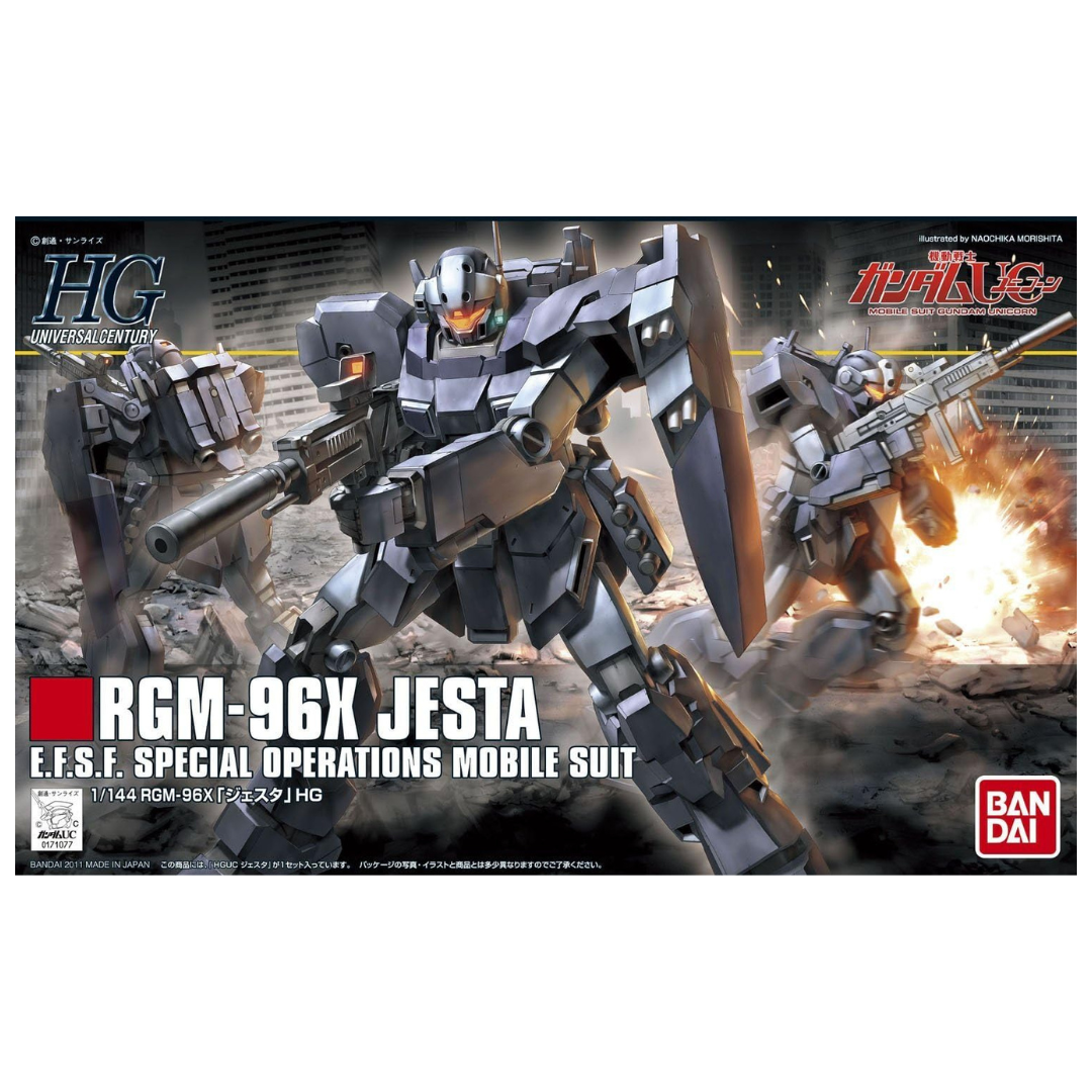 Bandai HG RGM-96X Jesta Gundam UC box art, featuring the mobile suit in an action pose with dramatic lighting, showcasing its combat-ready design and powerful weaponry.