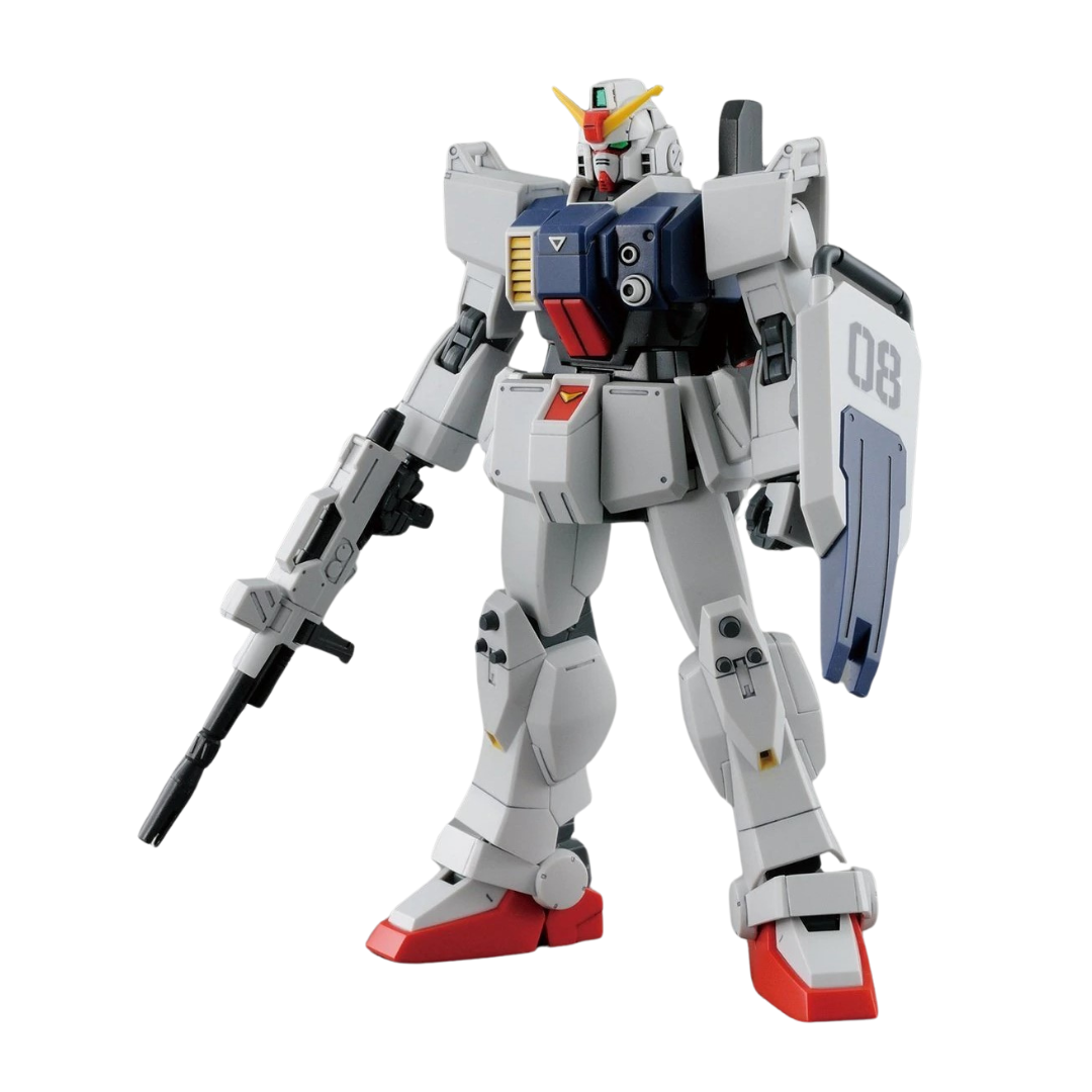 Bandai HG RX-79[G] Ground Gundam Type Gundam 08th MS Team model kit featuring a military-style design, 180mm cannon, beam rifle, shield, and weapon container.