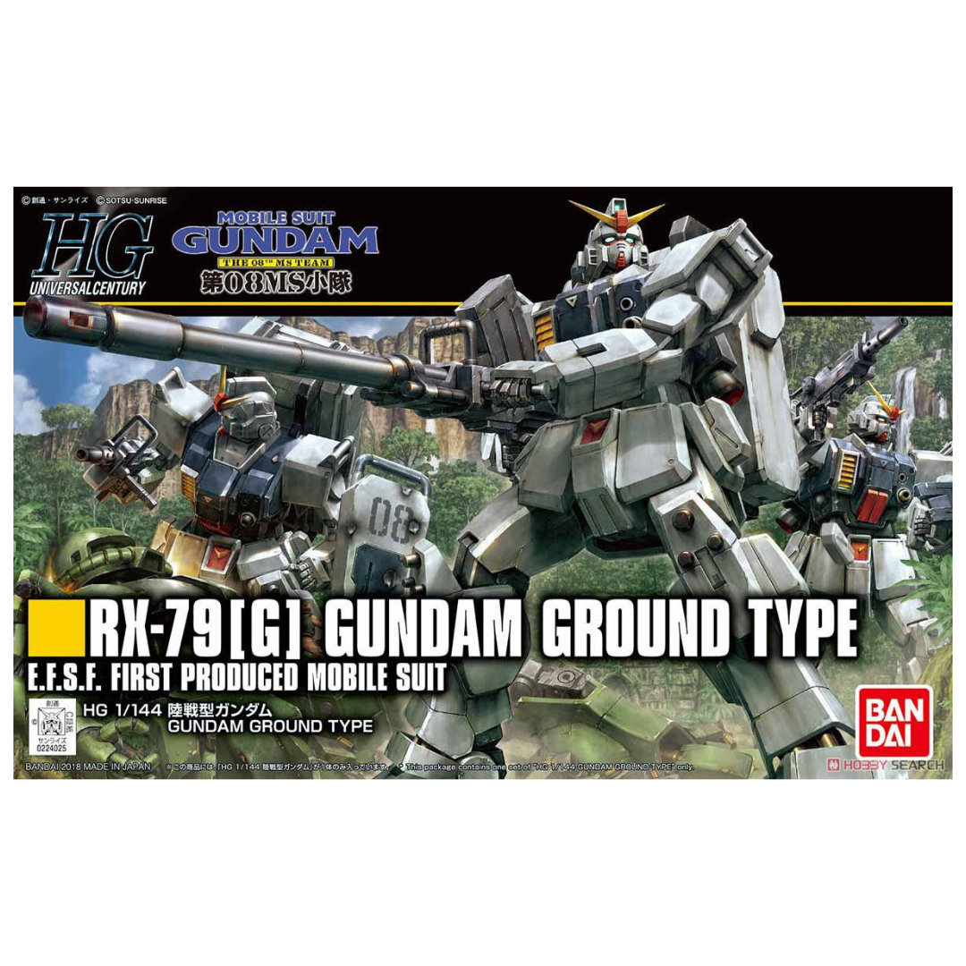 Bandai HG RX-79[G] Ground Gundam Type Gundam 08th MS Team box art featuring the mobile suit in an intense battlefield scene, armed with a 180mm cannon and shield.