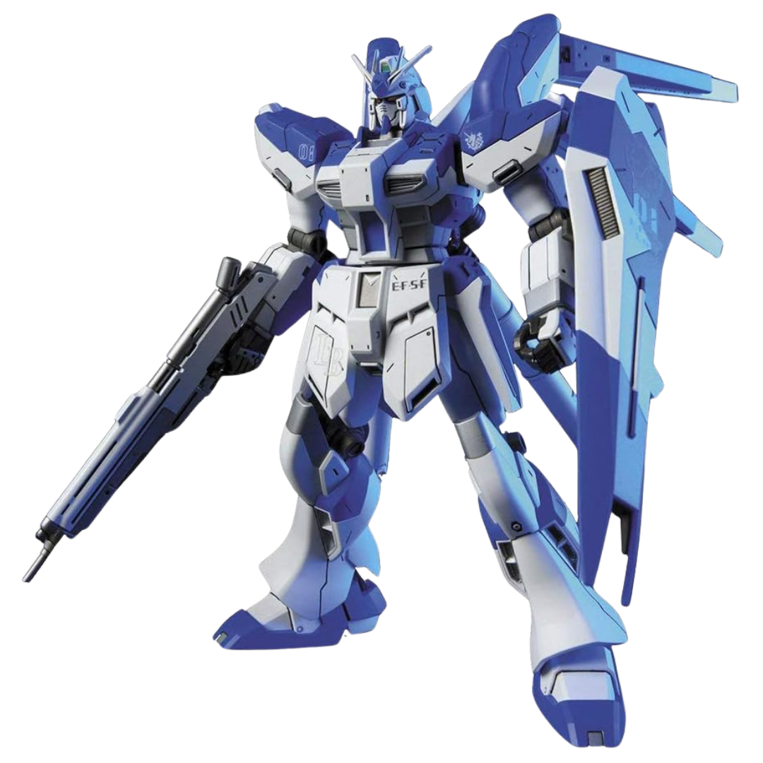HG RX-93-ν2 Hi-ν Gundam Char’s Counterattack plastic model kit with fin funnels, beam rifle, shield, and articulated joints for dynamic Gunpla poses.