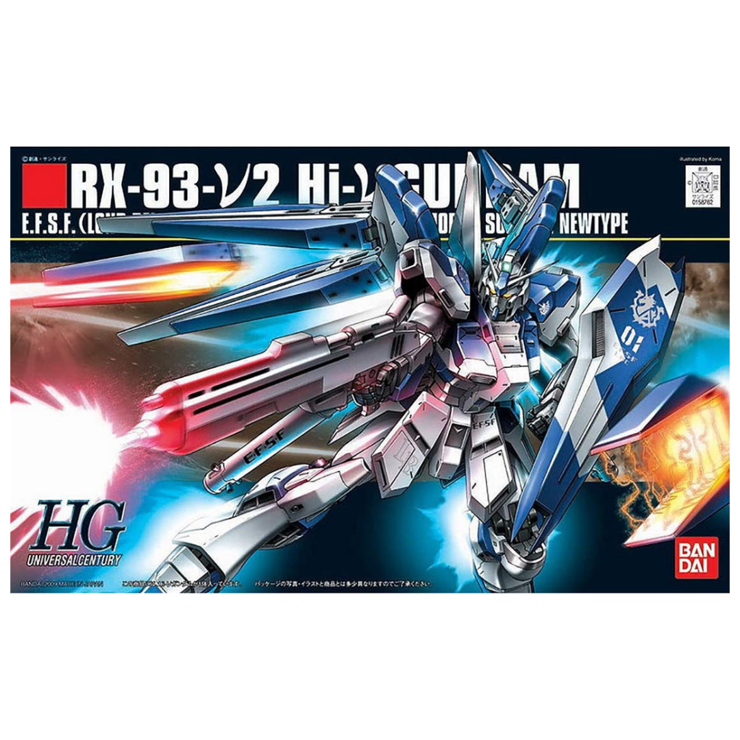 Box art of HG RX-93-ν2 Hi-ν Gundam from Char’s Counterattack, featuring the iconic Mobile Suit in dynamic battle stance with fin funnels deployed.