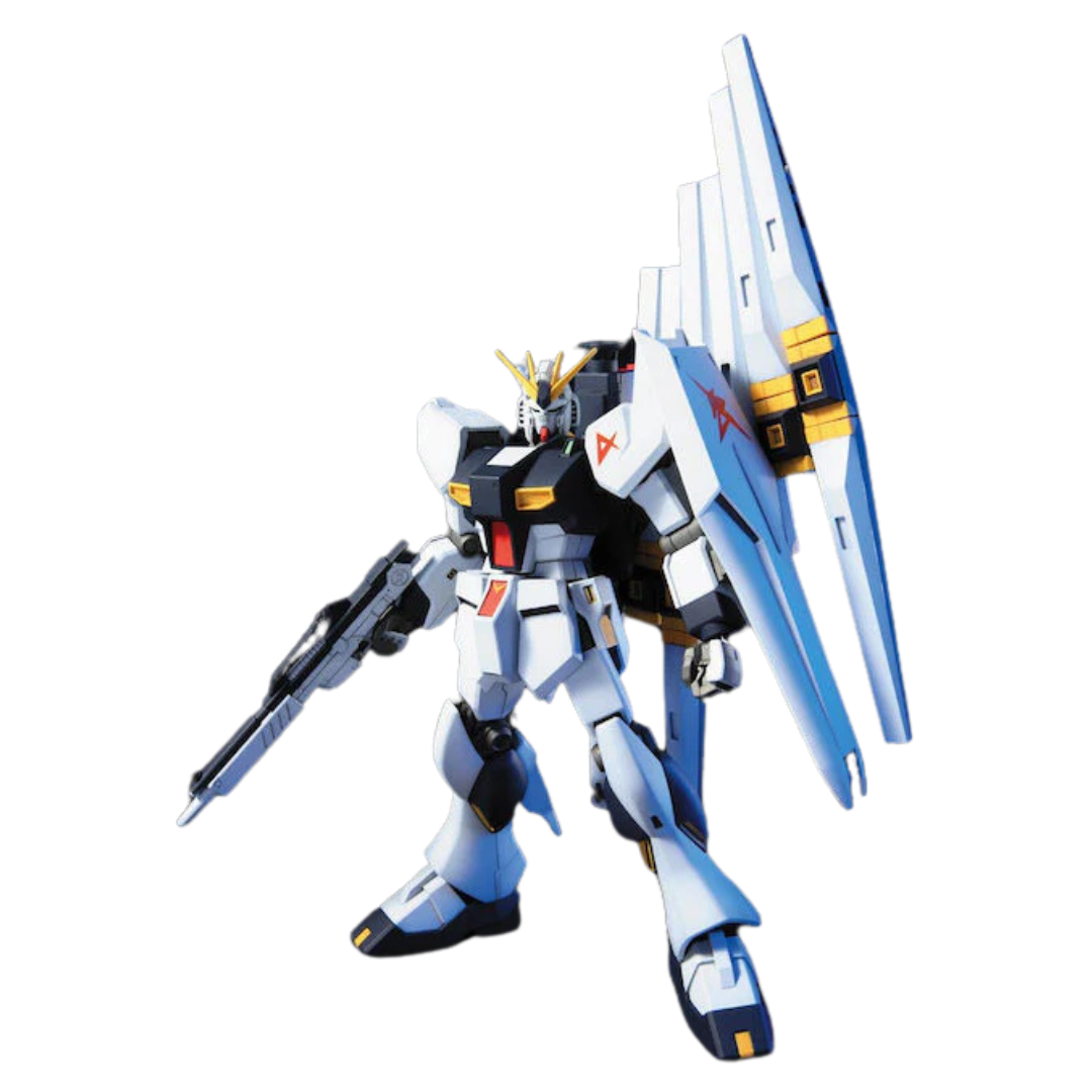 HG RX-93 Nu Gundam model kit from Char’s Counterattack, featuring detailed articulation, fin funnels, beam rifle, and shield for dynamic posing and display.