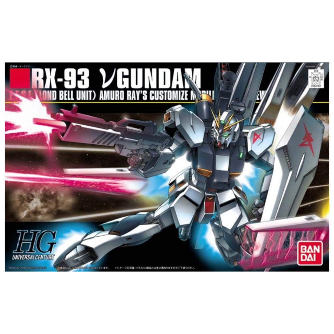 HG RX-93 Nu Gundam box art from Char’s Counterattack, featuring dynamic artwork of Amuro Ray’s legendary Mobile Suit with fin funnels, beam rifle, and shield.