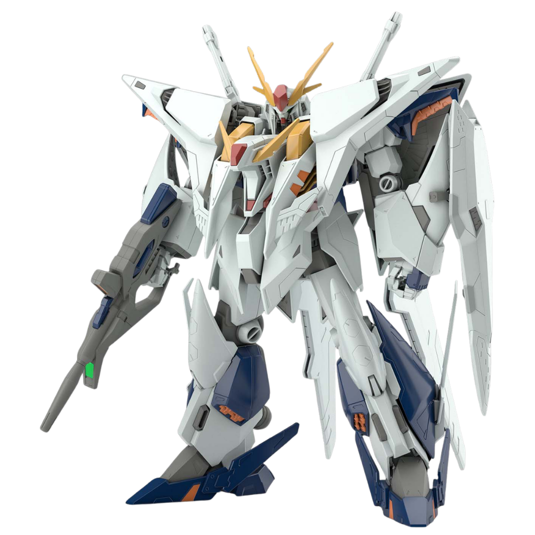 Side view of the HG Xi Gundam, showing its impressive articulation and futuristic design elements.