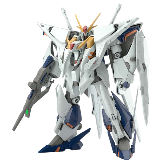 Side view of the HG Xi Gundam, showing its impressive articulation and futuristic design elements.