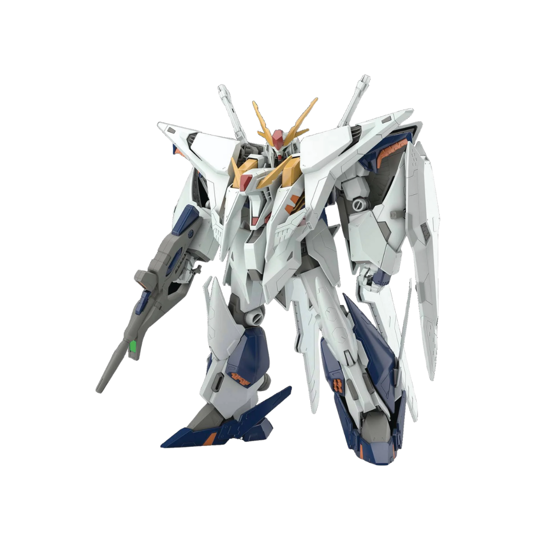 Side view of the HG Xi Gundam, showing its impressive articulation and futuristic design elements.