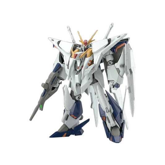 Side view of the HG Xi Gundam, showing its impressive articulation and futuristic design elements.
