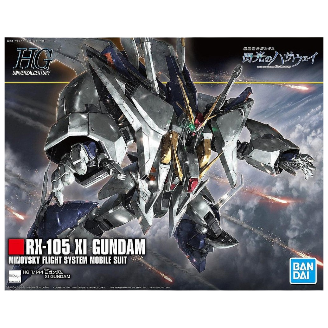 HG Xi Gundam model kit with beam rifle and shield, highlighting its sleek angular design.