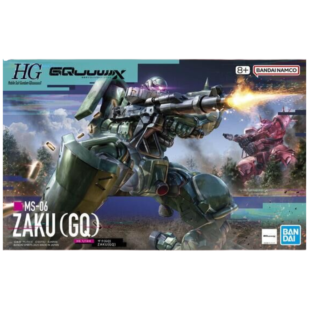 Bandai HG Zaku GQ model kit box art posed with weapon accessories