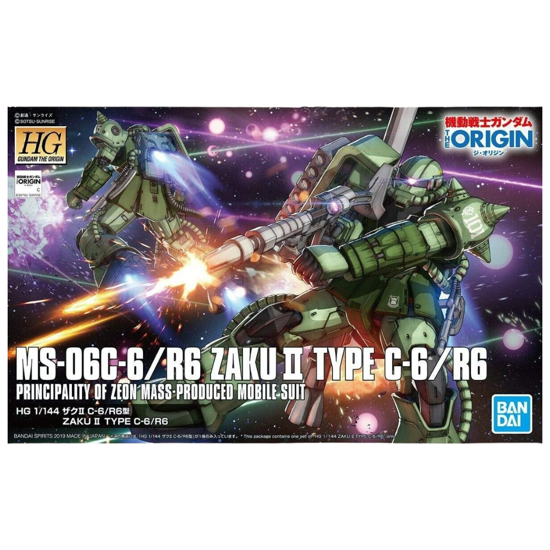 HG Zaku II Type C-6/R6 model kit from Gundam The Origin, showcasing detailed armor and iconic weaponry.
