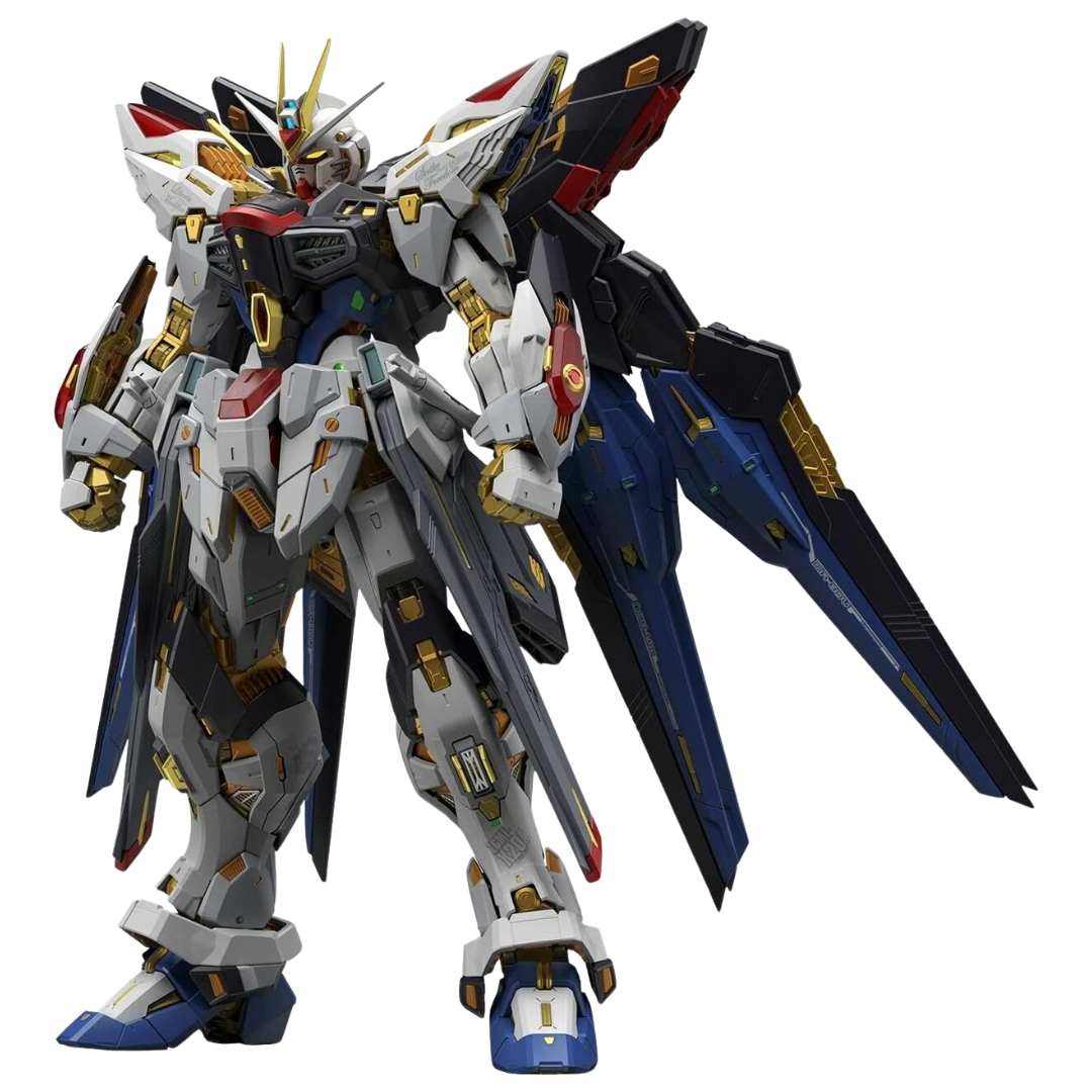 Bandai MGEX Strike Freedom Gundam model kit with gold internal frame and DRAGOON system deployed