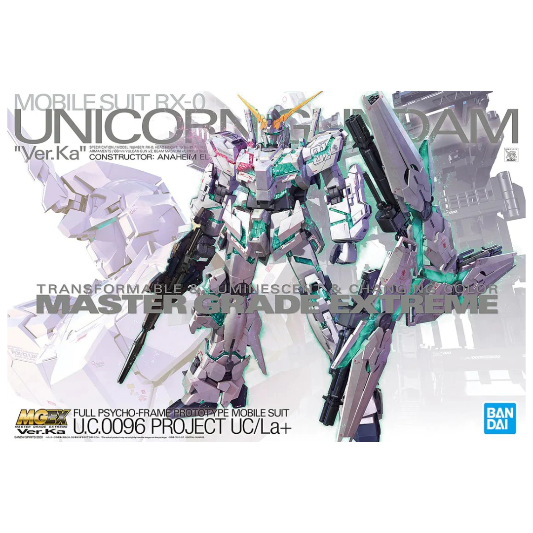 MGEX Unicorn Gundam Ver.Ka Gunpla model kit with psycho-frame transformation, LED compatibility, and extreme mechanical detail for collectors and builders.