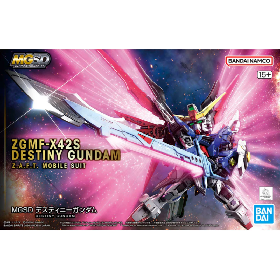 Bandai MGSD Destiny Gundam model kit with Wings of Light and beam effect parts box art image
