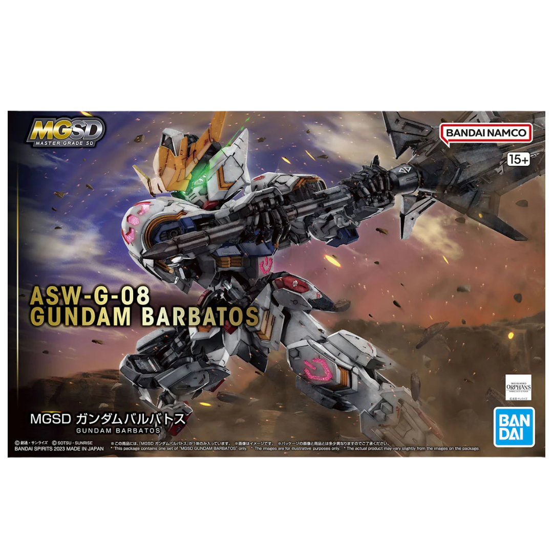 Fully assembled MGSD Gundam Barbatos showcasing its advanced features and design. box art