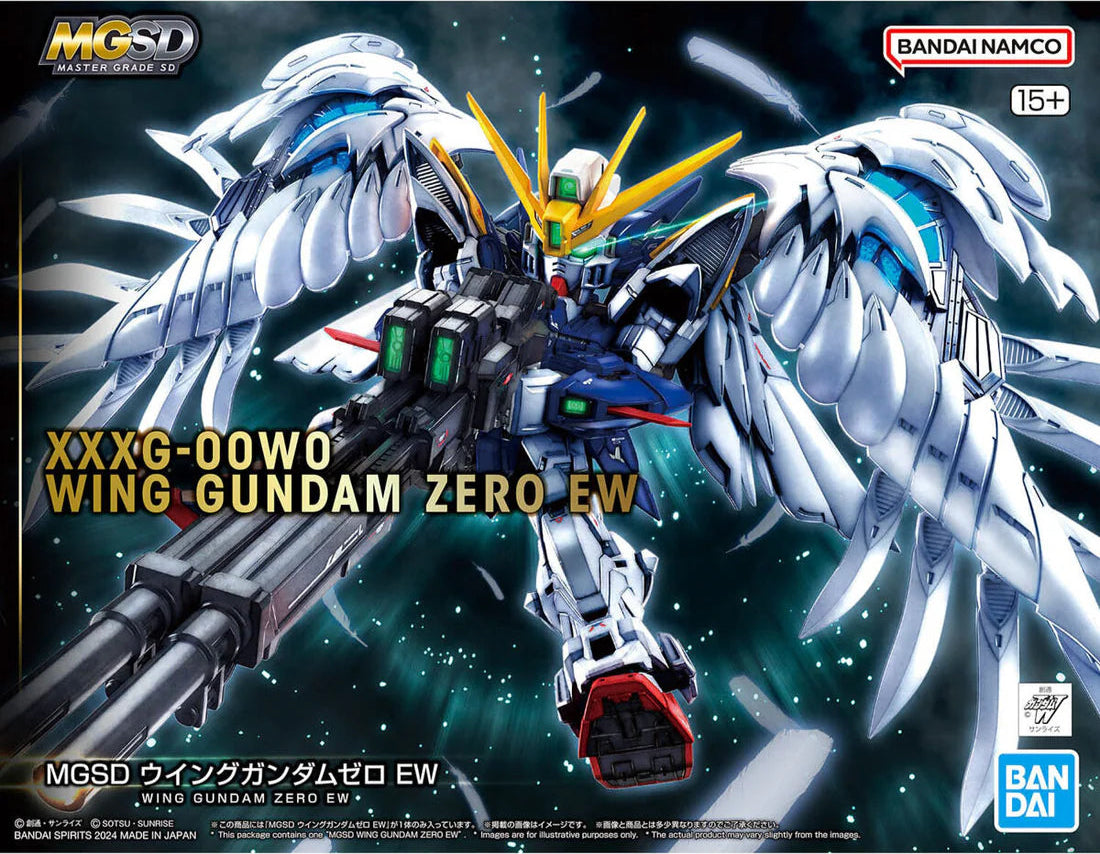 Bandai MGSD Wing Gundam Zero EW model kit from Gundam Wing: Endless Waltz with feathered wings, twin Buster Rifles, and Neo Bird Mode transformation.