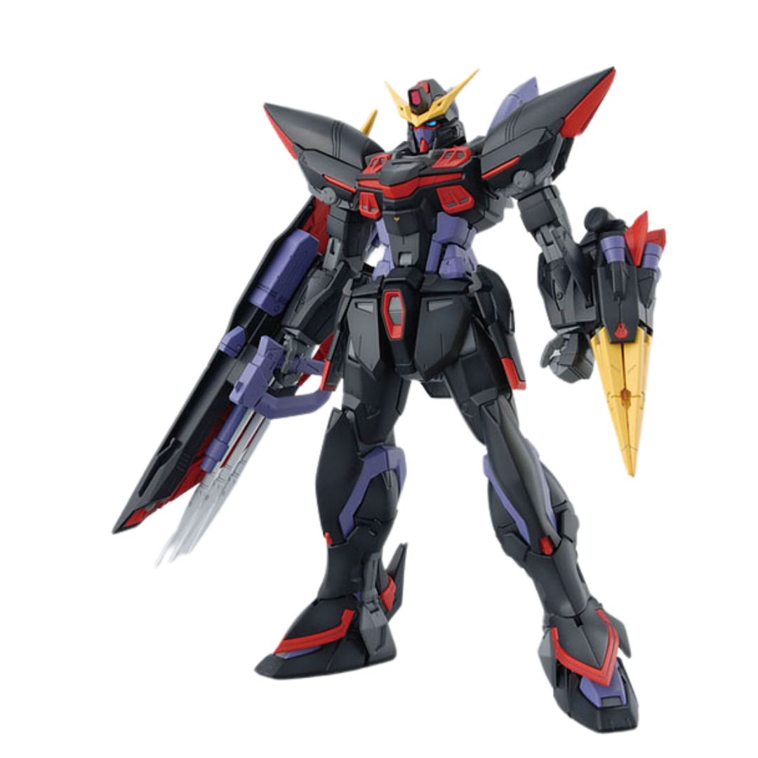 Bandai MG Blitz Gundam model from Gundam SEED, showcasing its detailed transformation features, sleek purple armor, and advanced weaponry like Sturm Fausts and Active Cloak.
