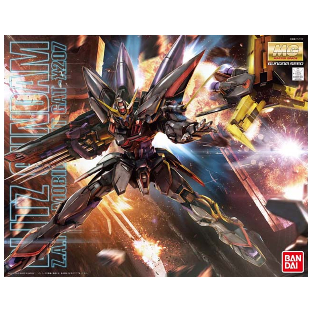 Bandai MG Blitz Gundam Gundam SEED box art, featuring dynamic action poses and highlighting the mobile suit's transformation, Active Cloak, and Sturm Faust weapons with vibrant details.
