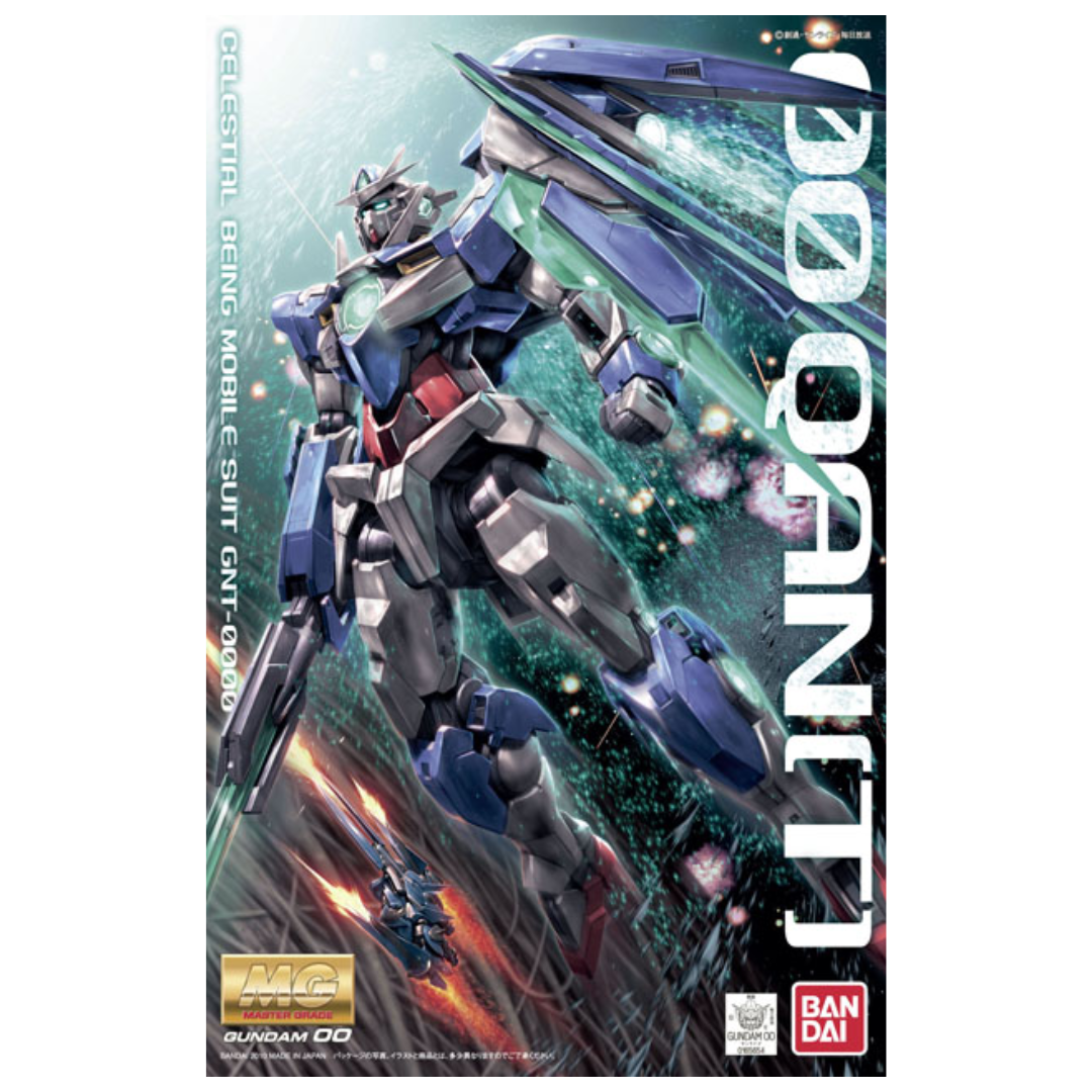 Bandai MG Gundam 00 Qan[t] Master Grade model kit box art featuring GN Sword V and GN Shield in dynamic space battle scene