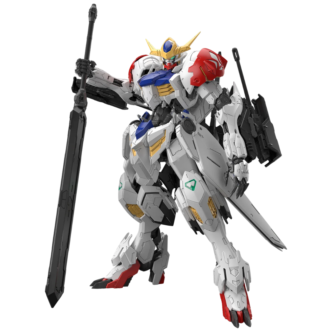 Master Grade Gundam Barbatos Lupus model kit posed with large sword and armor details