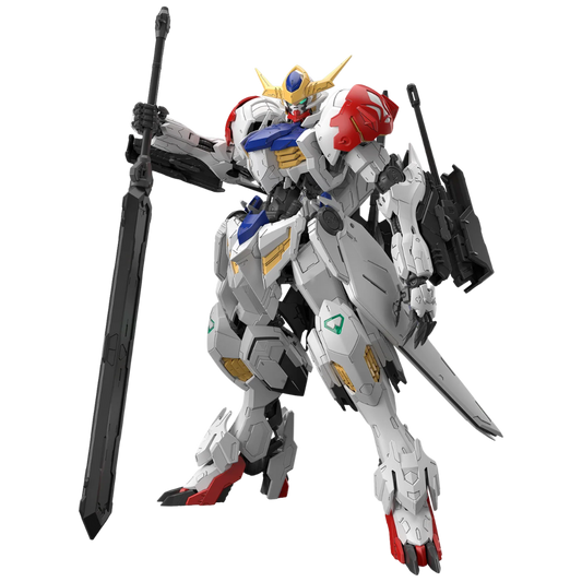 Master Grade Gundam Barbatos Lupus model kit posed with large sword and armor details