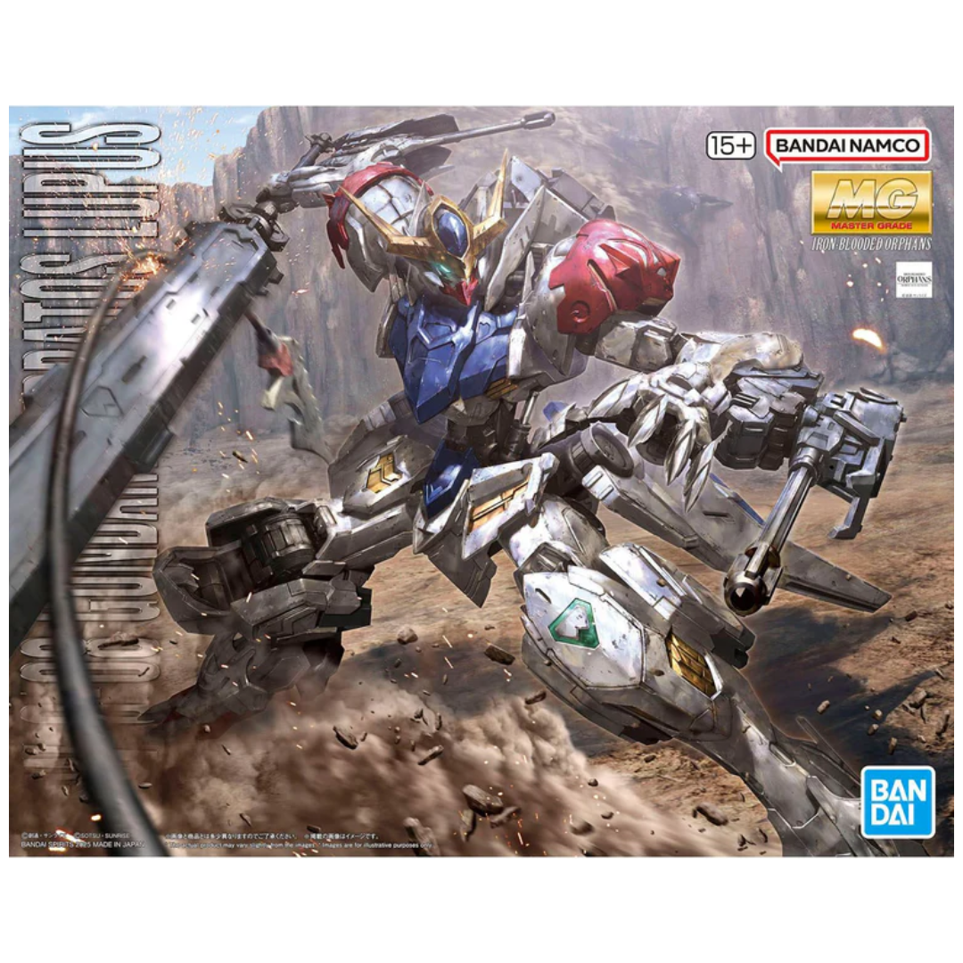Master Grade Gundam Barbatos Lupus model kit box image posed with large sword and armor details