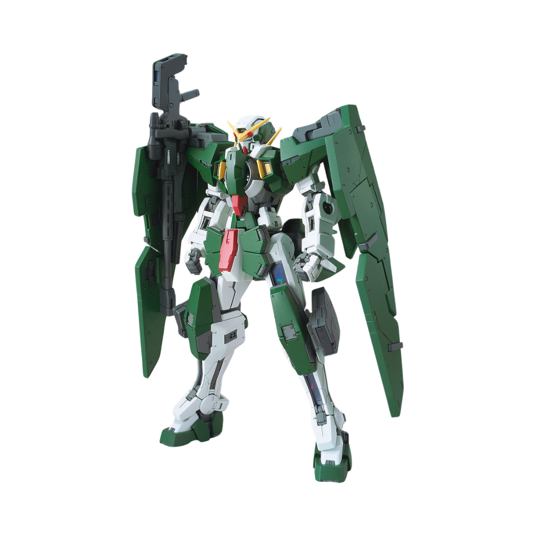 Bandai MG Gundam Dynames model kit from Mobile Suit Gundam 00, featuring GN Sniper Rifle, deployable shields, and intricate articulation in 1/100 scale.