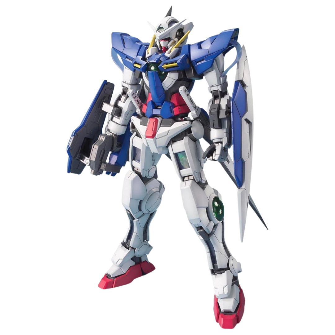Bandai MG Gundam Exia 1/100 scale model kit from Gundam 00, highly articulated with GN Sword, GN Blades, and Beam Daggers for dynamic posing.
