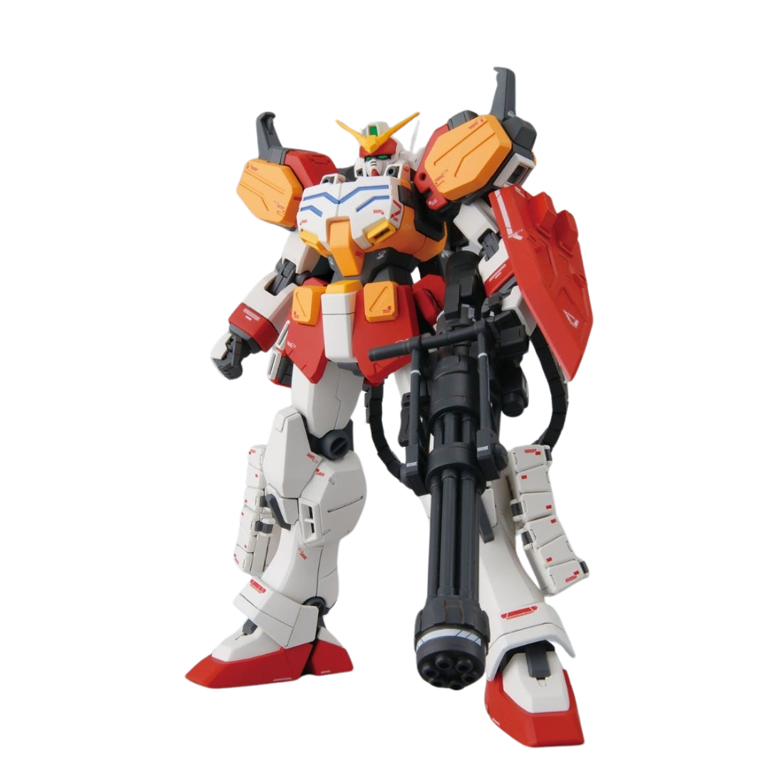 Bandai MG Gundam Heavyarms (EW) Gundam Wing: Endless Waltz Master Grade model kit, featuring its signature Gatling guns, missile pods, and heavy weaponry in stunning detail.