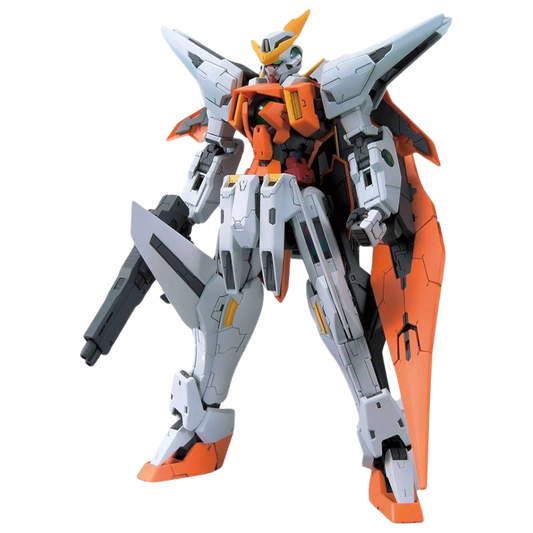 Bandai MG Gundam Kyrios model kit from Gundam 00, featuring transformation ability, dynamic articulation, and detailed weaponry