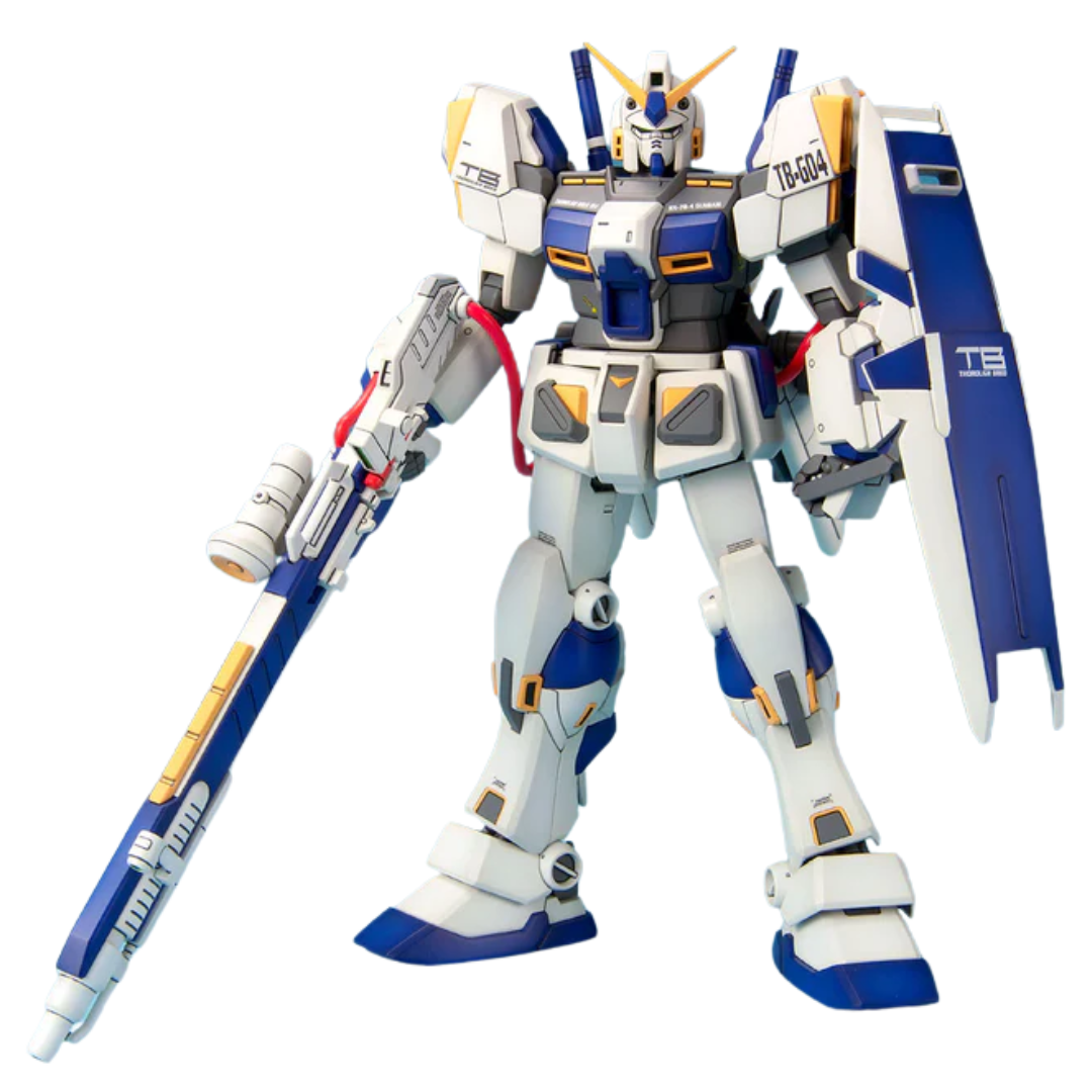 Bandai MG RX-78-4 Gundam Encounters in Space plastic model kit with blue armor, beam rifle, and detailed inner frame from Universal Century Gundam series