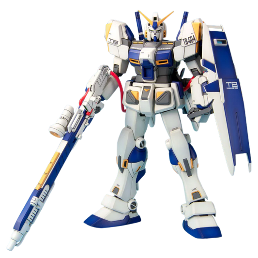 Bandai MG RX-78-4 Gundam Encounters in Space plastic model kit with blue armor, beam rifle, and detailed inner frame from Universal Century Gundam series