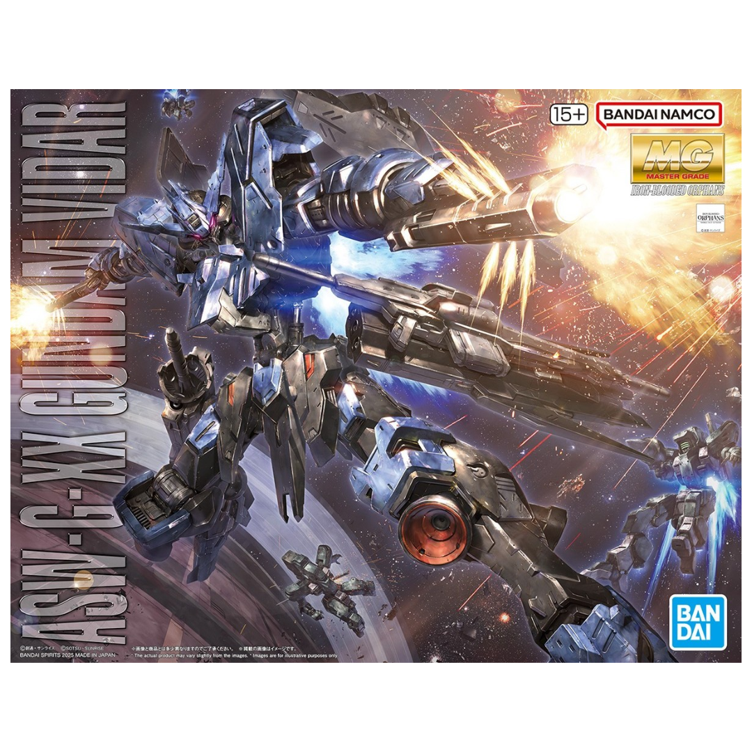 Bandai MG Gundam Vidar box art, featuring dynamic illustration of the mobile suit from Gundam Iron-Blooded Orphans in action pose with weaponry.