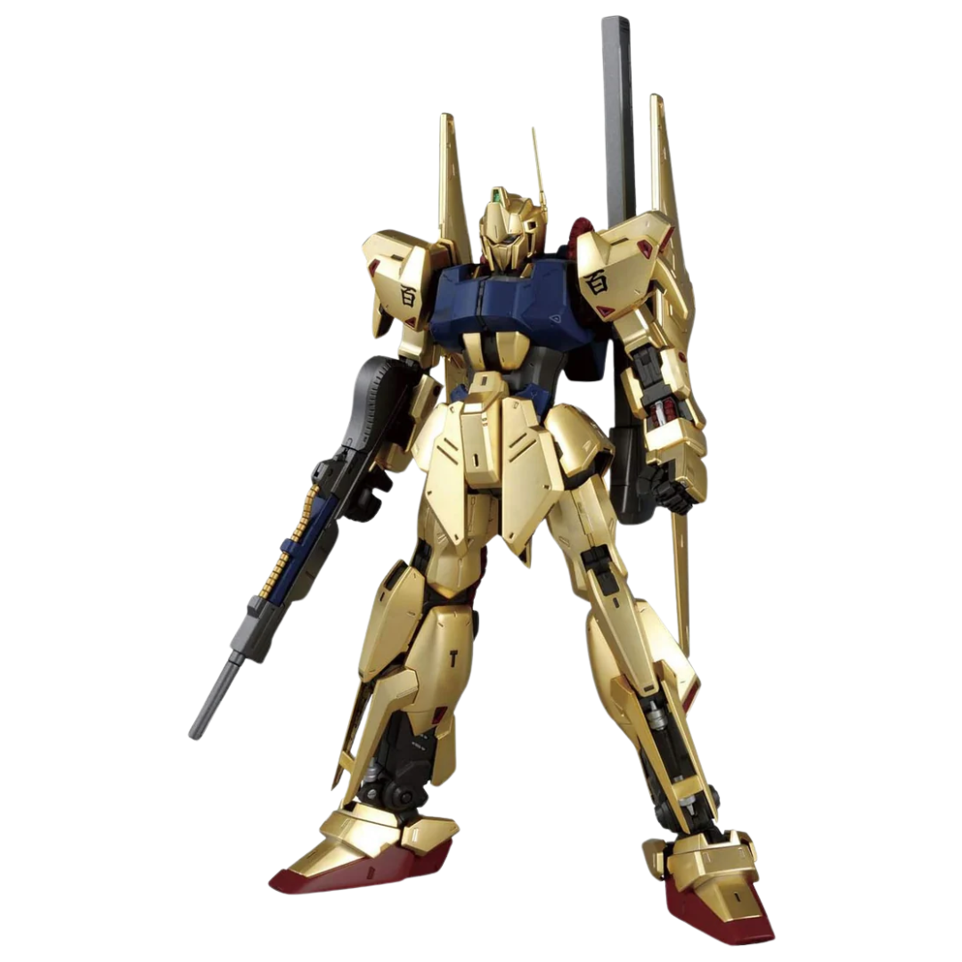 Bandai MG Hyaku Shiki Ver.2.0 model kit with metallic gold armor and full weapon loadout from Mobile Suit Zeta Gundam.










