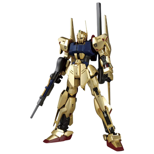 Bandai MG Hyaku Shiki Ver.2.0 model kit with metallic gold armor and full weapon loadout from Mobile Suit Zeta Gundam.









