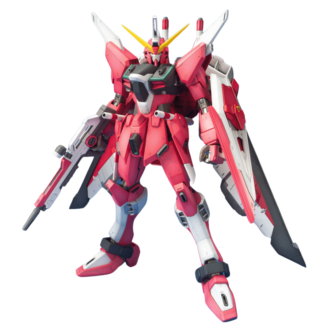 Bandai MG Infinite Justice Gundam 1/100 model kit from Gundam SEED Destiny, highly articulated with Fatum-01 backpack, Beam Sabers, and Beam Boomerangs.