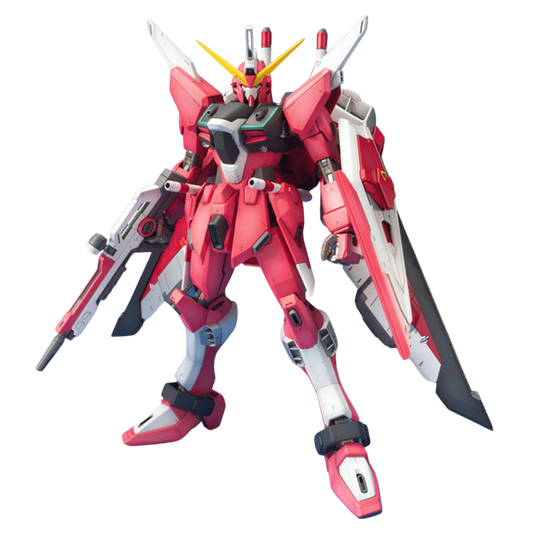 Bandai MG Infinite Justice Gundam 1/100 model kit from Gundam SEED Destiny, highly articulated with Fatum-01 backpack, Beam Sabers, and Beam Boomerangs.