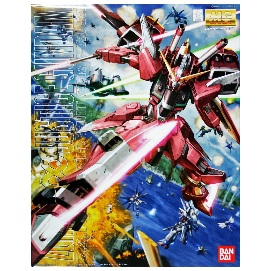 Bandai MG Infinite Justice Gundam Gundam SEED Destiny box art, featuring the mobile suit in dynamic battle with Beam Sabers and Fatum-01 backpack.