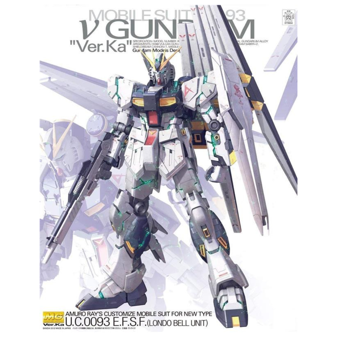 Master Grade RX-93 Nu Gundam (Ver. Ka) model from Char's Counterattack, showcasing precise details, advanced articulation, and high-quality parts for a perfect build.