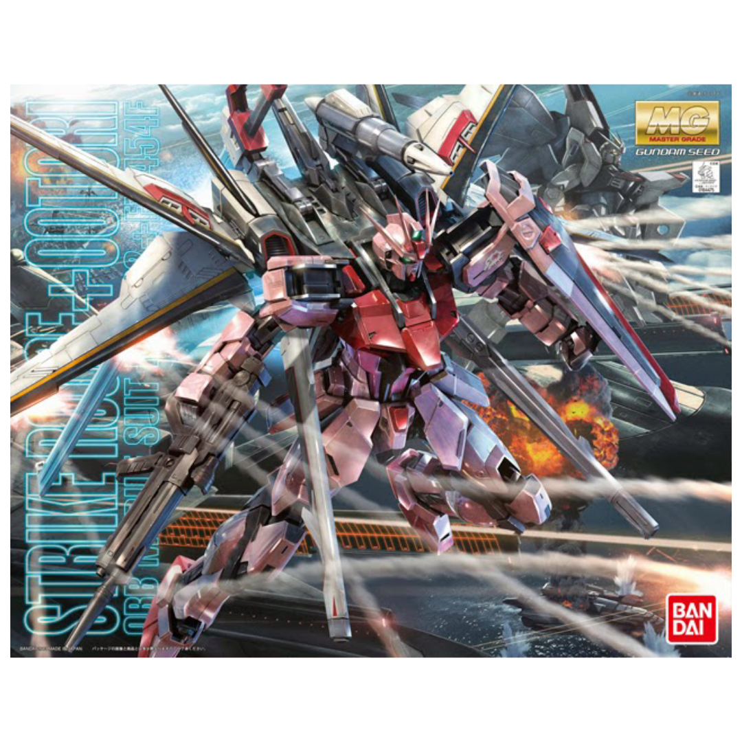 Bandai MG Strike Rouge Ootori Unit Ver. RM Gundam SEED model kit box art featuring Strike Rouge in flight with full weapon loadout