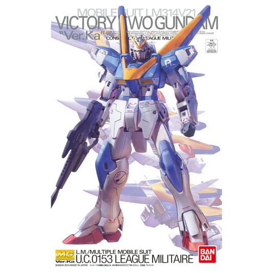 Close-up of Bandai MG V2 Gundam Ver. Ka model kit showing intricate mechanical detailing and articulation from Victory Gundam, premium Master Grade Gunpla display









