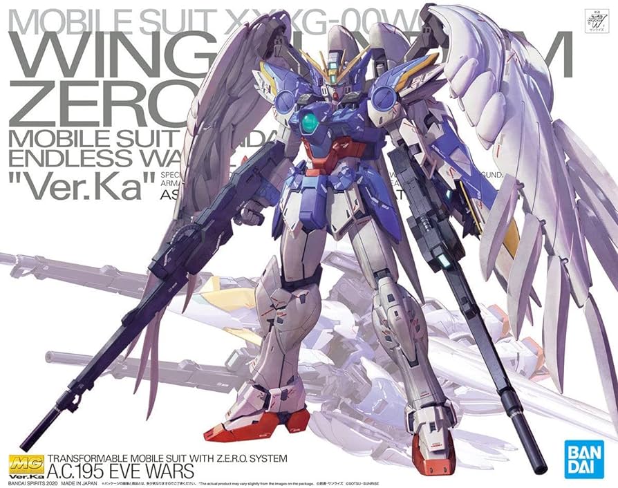 MG Wing Gundam Zero (EW) Ver.Ka model kit with large, angelic wings spread out in dramatic pose.