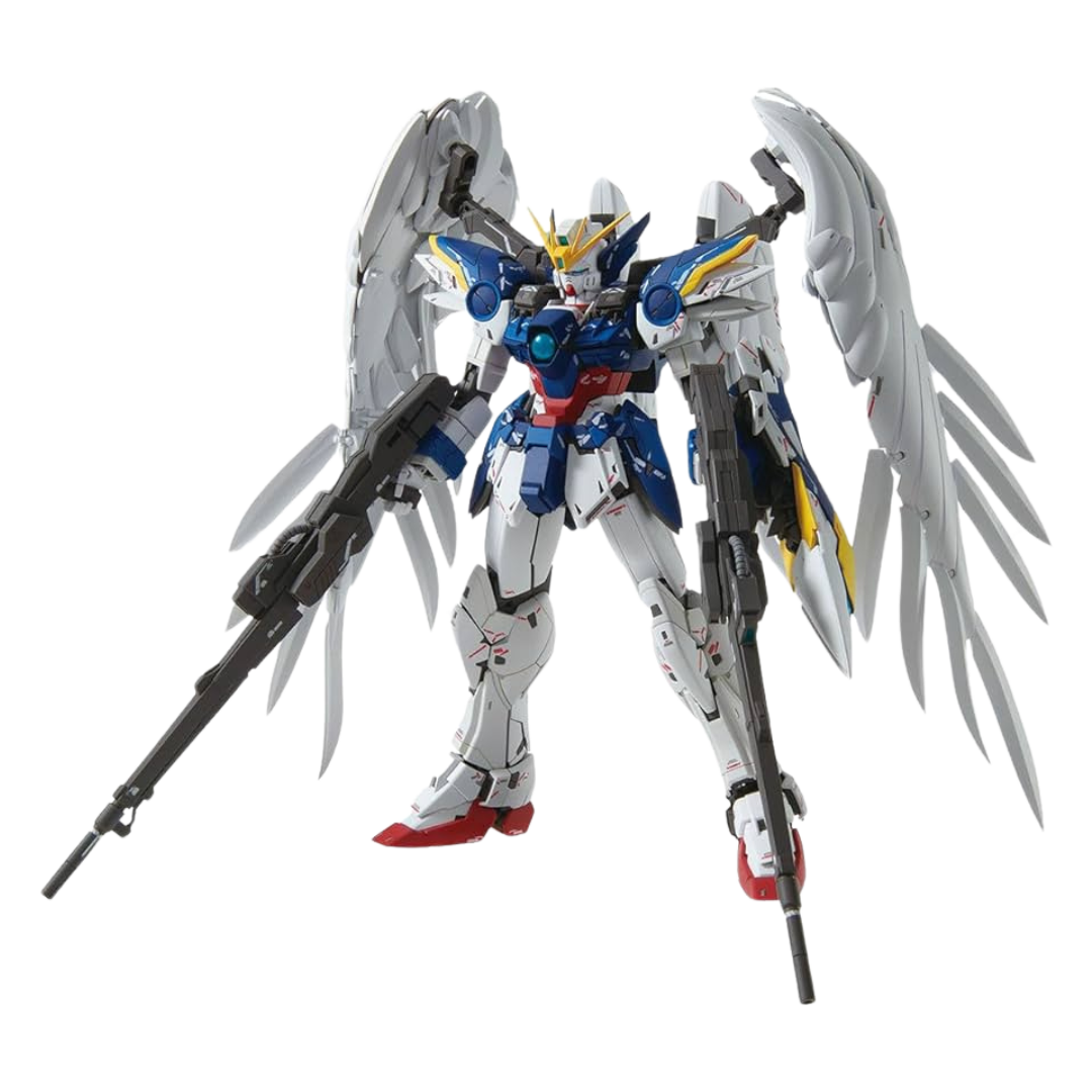 Bandai MG Wing Gundam Zero (EW) Ver.Ka model kit from Endless Waltz, featuring angelic wings, Twin Buster Rifle, and detailed articulation in 1/100 scale