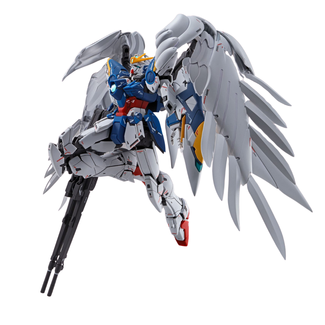 Front view of the MG Wing Gundam Zero (EW) Ver.Ka showcasing its highly detailed buster rifle and twin beam sabers.