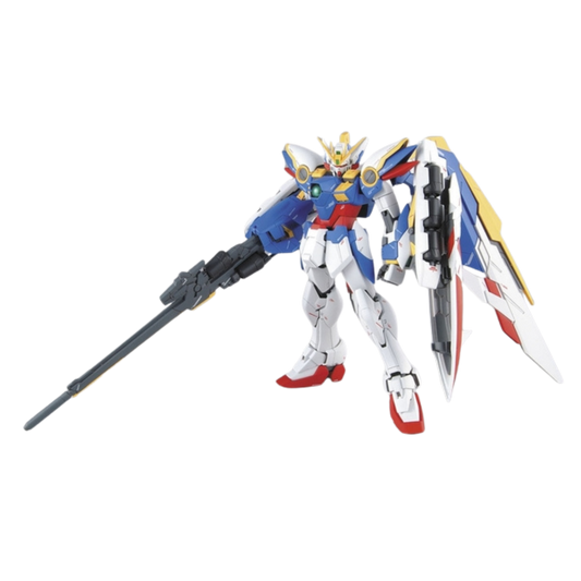 Bandai MG XXXG-01W Wing Gundam EW Ver. 1/100 model kit, fully articulated with Buster Rifle, Beam Sabers, and transforming Neo-Bird Mode.