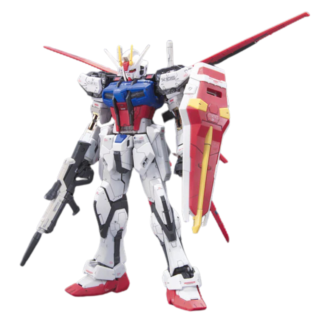 RG Aile Strike Gundam Gundam SEED 1/144 scale model kit, fully articulated with Beam Rifle, Shield, and Combat Knife, perfect for dynamic poses.