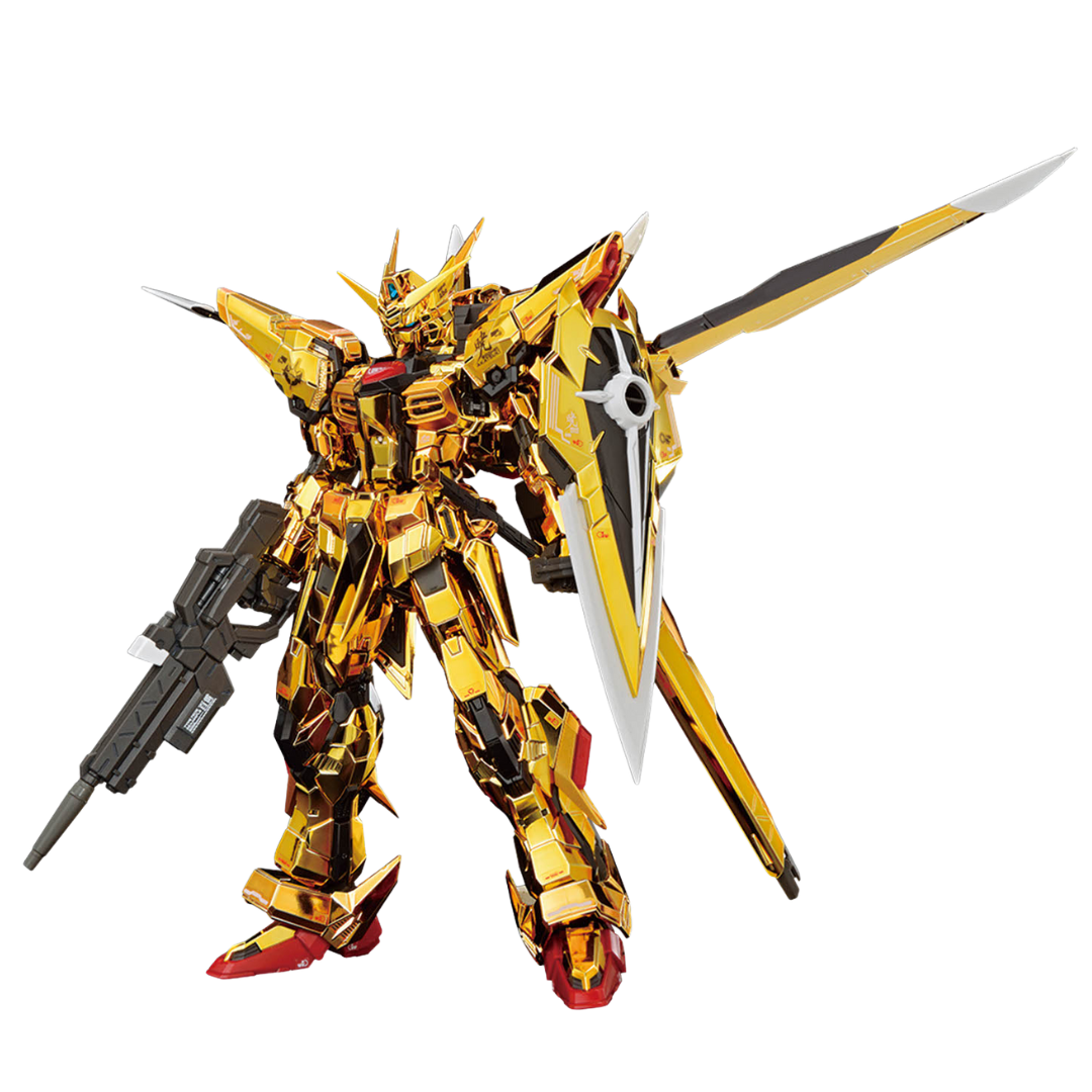 Bandai RG Akatsuki Gundam Oowashi model kit from Gundam SEED Destiny with gold-plated armor, detailed articulation, and aerial Striker Pack accessories.