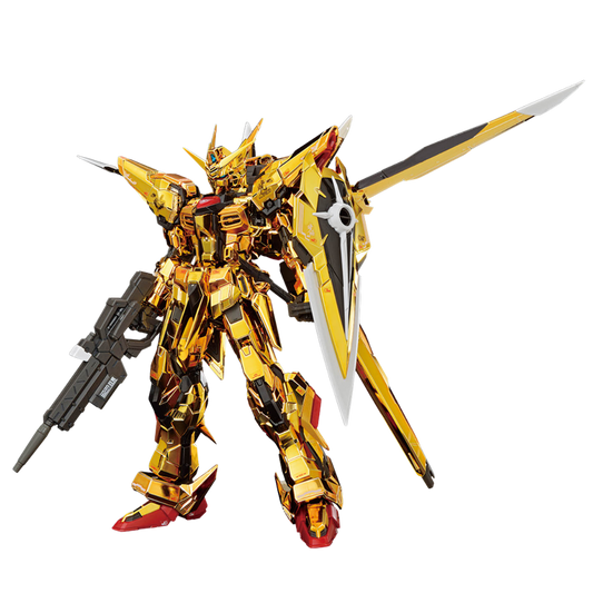 Bandai RG Akatsuki Gundam Oowashi model kit from Gundam SEED Destiny with gold-plated armor, detailed articulation, and aerial Striker Pack accessories.