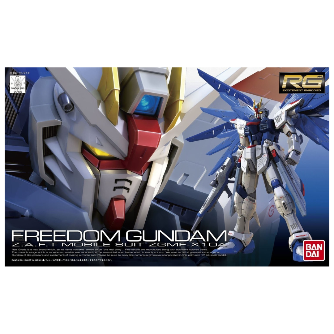 RG Freedom Gundam Mobile Suit Gundam SEED Destiny box art, depicting the mobile suit in a powerful battle pose with Twin Buster Rifle and dynamic details.