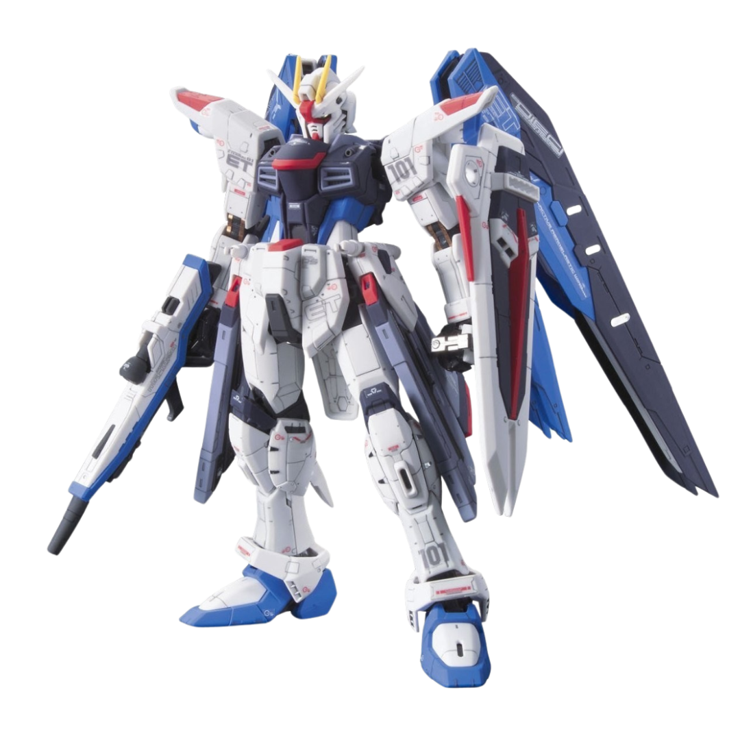 RG Freedom Gundam Mobile Suit Gundam SEED Destiny 1/144 scale model kit, fully articulated with Twin Buster Rifle, Beam Sabers, and detailed design.