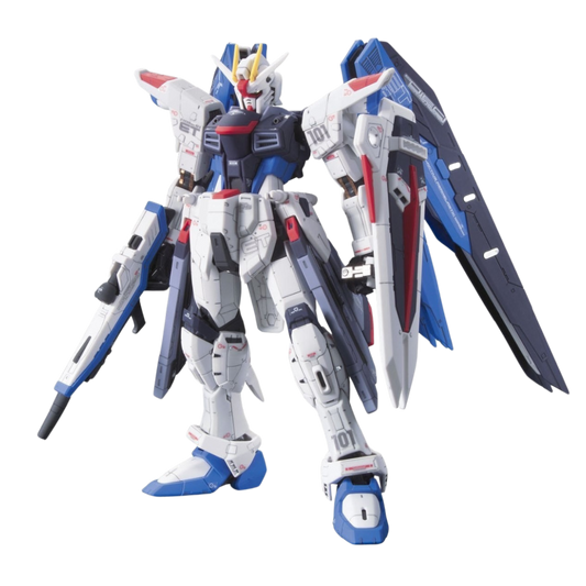 RG Freedom Gundam Mobile Suit Gundam SEED Destiny 1/144 scale model kit, fully articulated with Twin Buster Rifle, Beam Sabers, and detailed design.